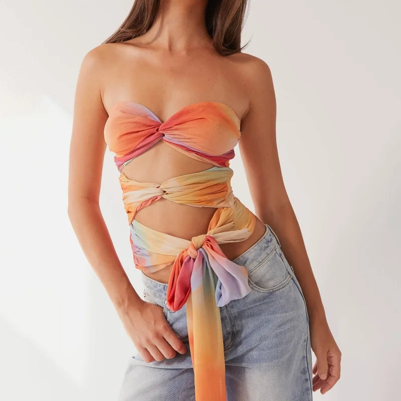 Edgy Strapless Cutout Crop Top - Contemporary Tie-Detail Bandeau