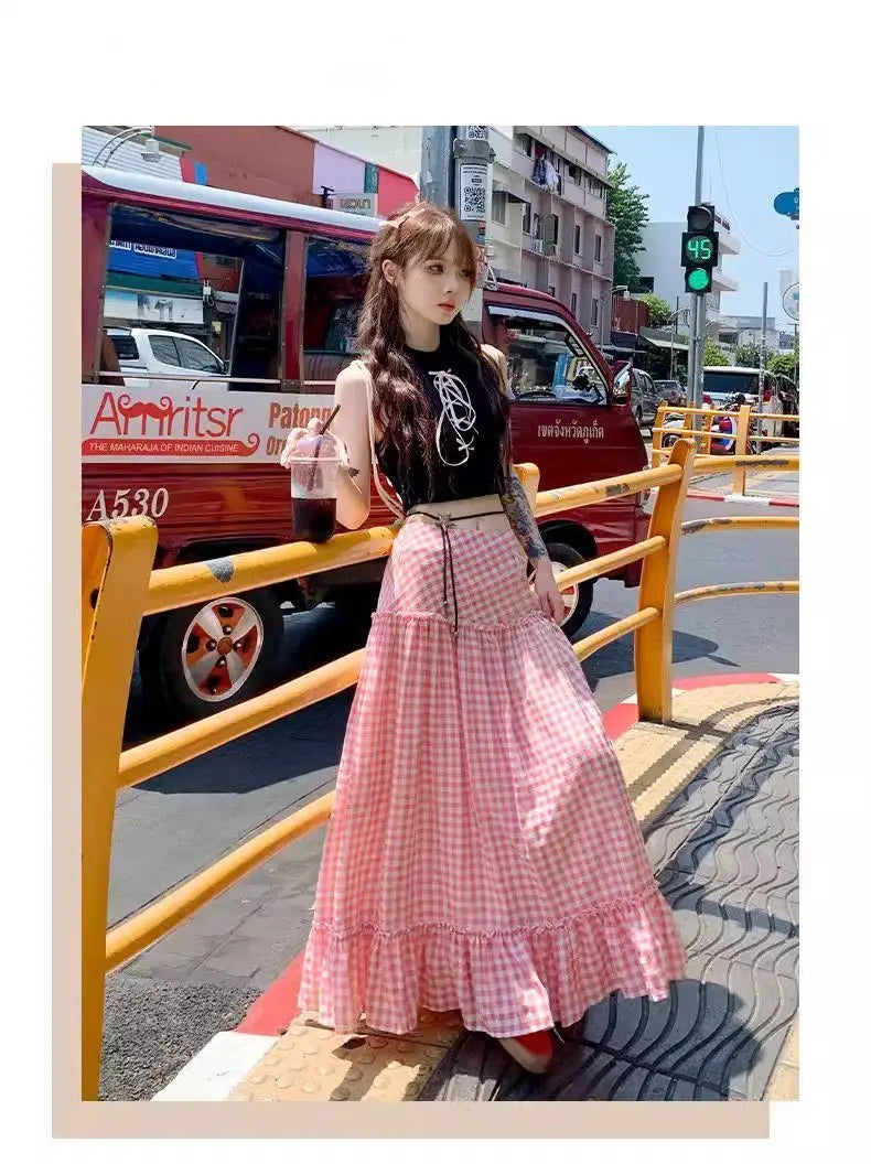 Pink Checkered Long Skirt - Casual A-Line