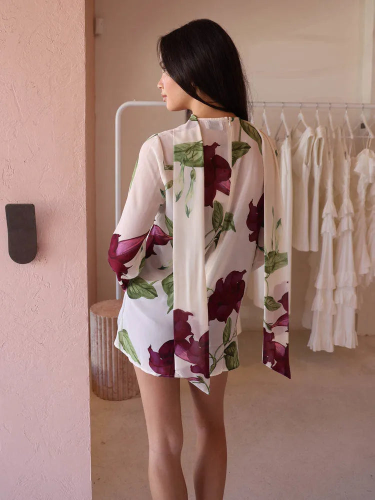 Long Sleeve Chiffon Ribbon Mesh Mini Dress