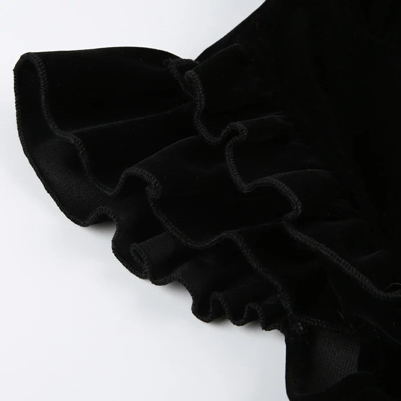 Ruffle Sleeve High Neck Velvet Black Mini Dress