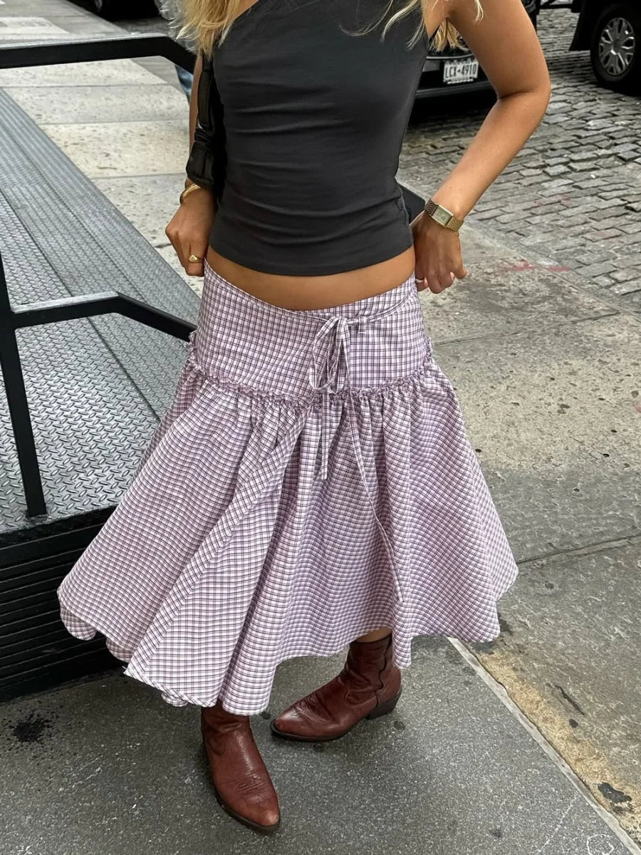 Low Rise Plaid Midi Skirt