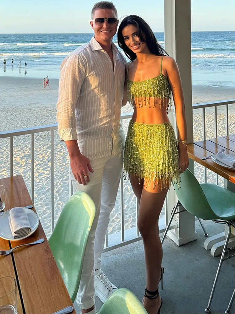Tassel Sequin Crop Top & Skirt Set â€?Mini Style