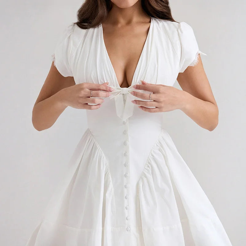 Plaid Print Puff Sleeve V-Neck Bow Flare Mini Dress