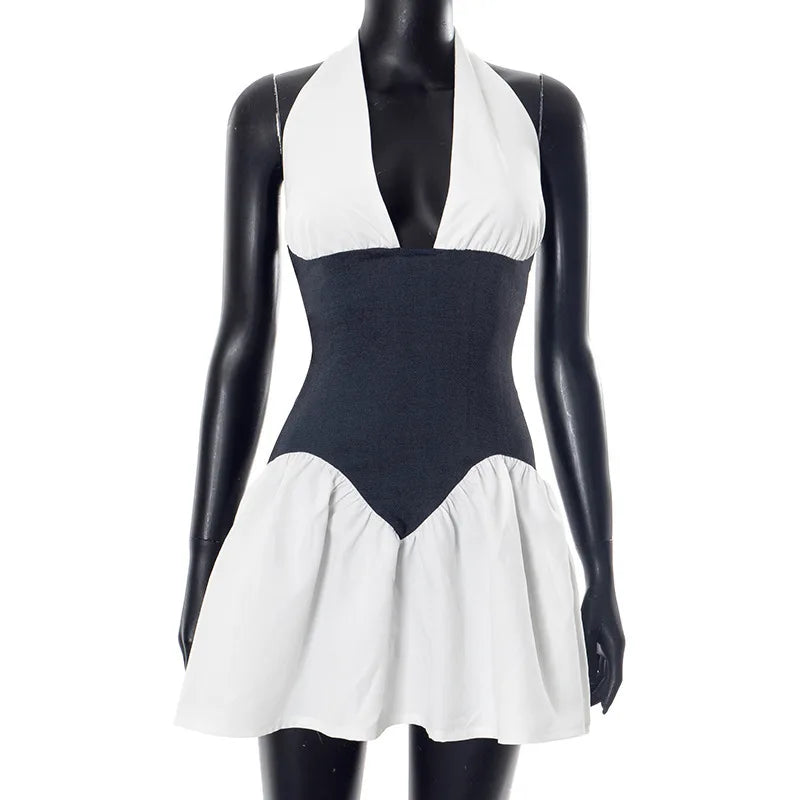 White Deep V-neck Halter Black Corset Mini Dress