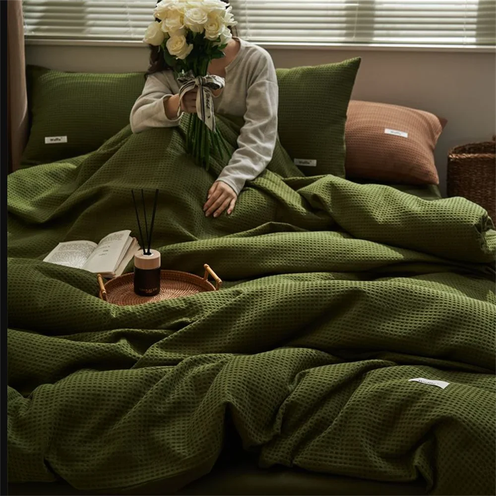 Ins Style Solid Color Waffle Cotton Duvet Cover Set Bed Sheet Four Piece Set High Beauty Quilt Sheet Bed Sheet Bedding Set