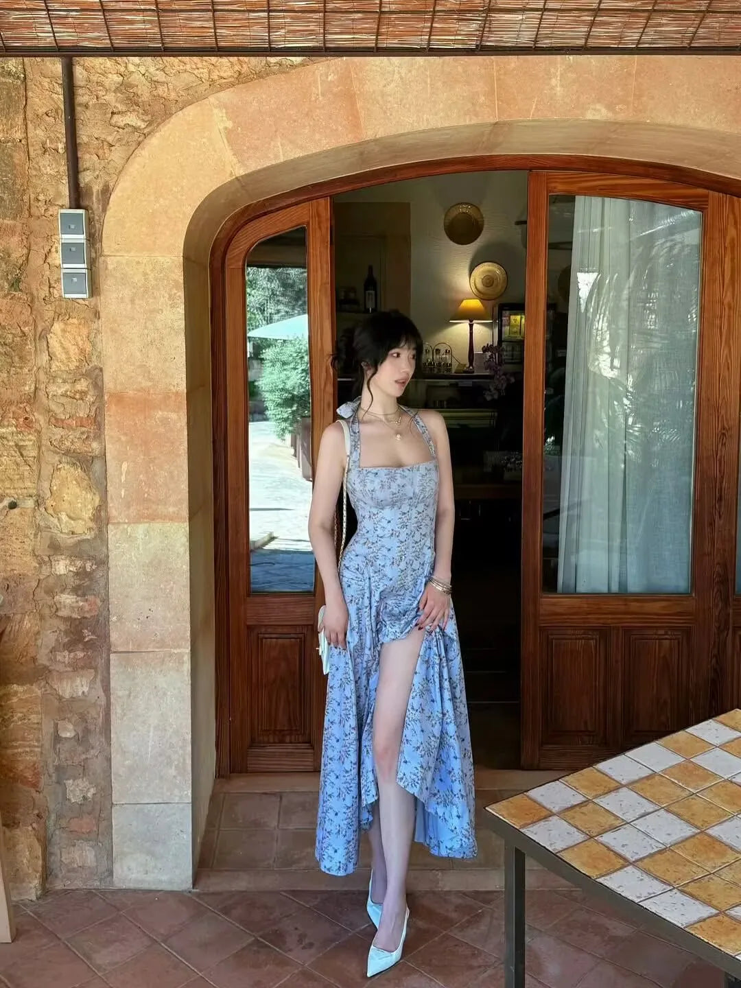 Halter A-line Midi Buttoned Dress