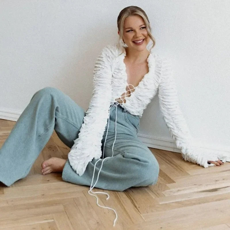 White Lace Up Gathered Top