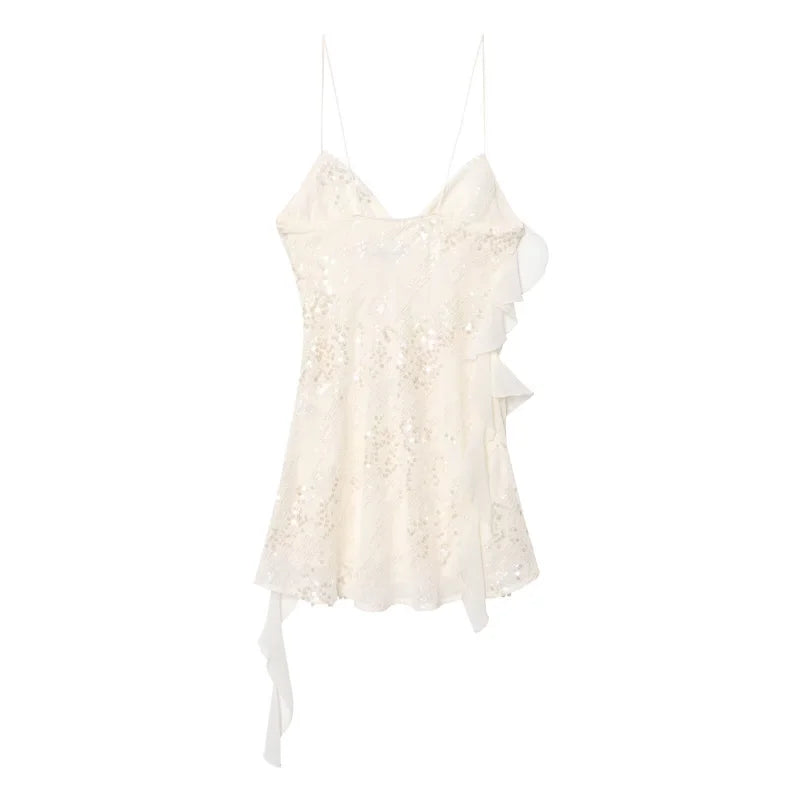 Sequin Layered Ruffle V-neck Sleeveless Mini Dress