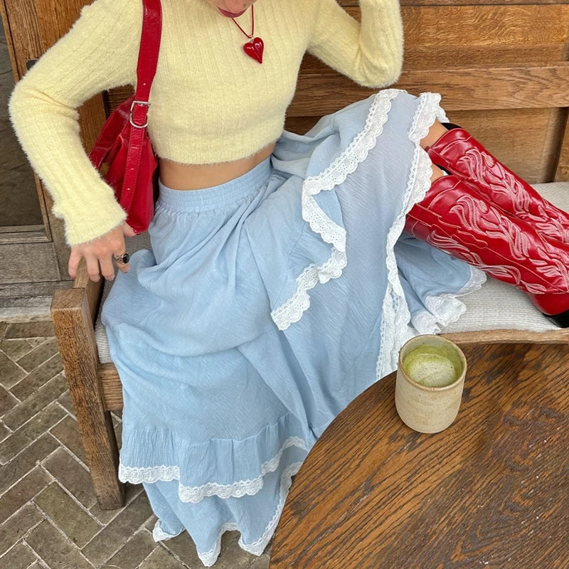 Ruffle Layered Lace Trim Maxi Skirt