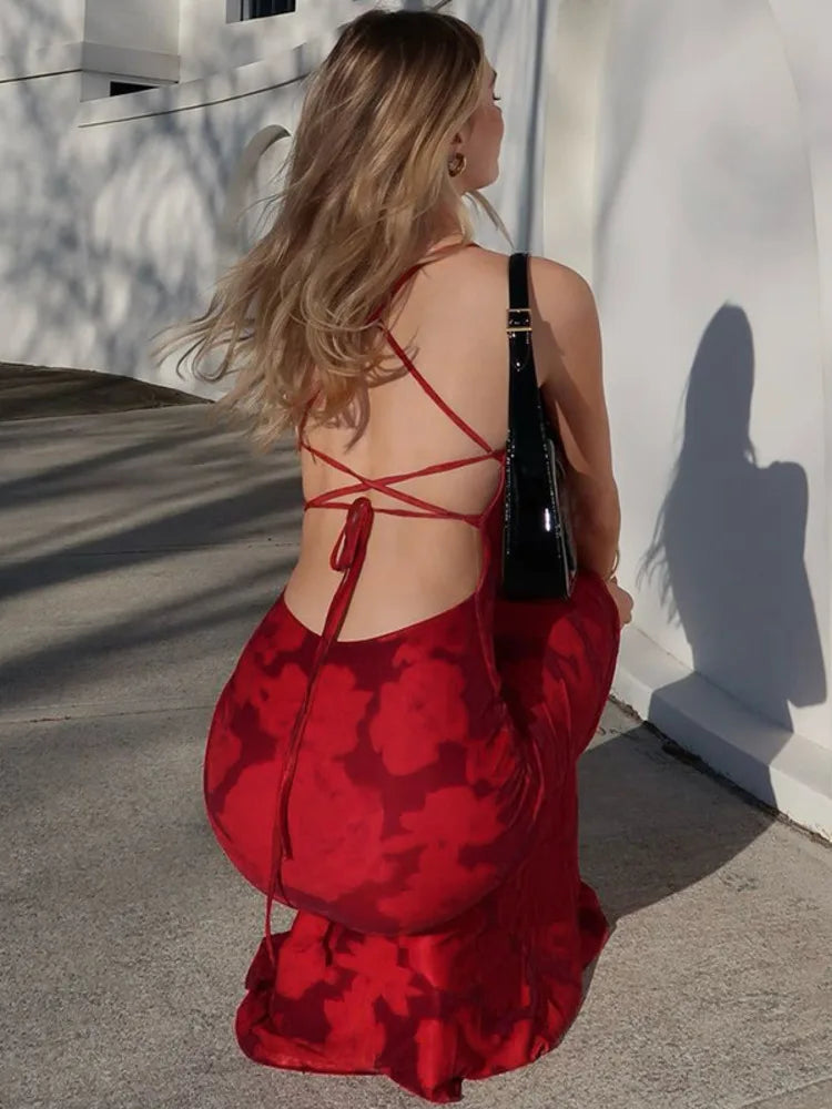 Red Floral Printed Mesh Back Tie Up Midi Dress