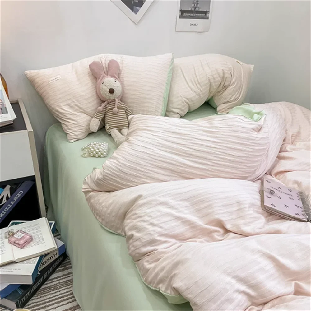 Ins Light Blue Bubble Washed Cotton Bed Sheet Bedding Set Four Piece Set Four Season Duvet Set Nordic Style Three Piece Set