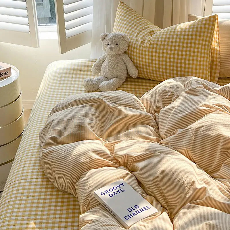 Pink Duvet Cover Set Classic Plaid Twin Queen Size Girls Boys Flat Sheet Pillowcase No Filler Soft Home Decor Bedding Set