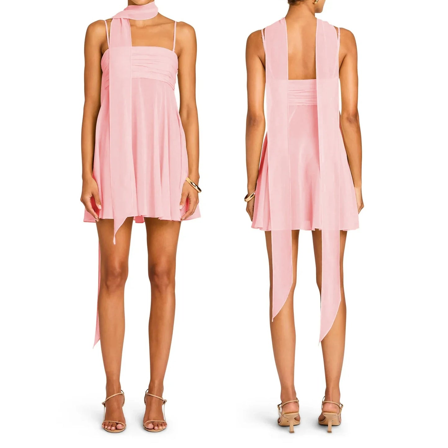 Spaghetti Strap Mesh Mini A-line Dress with Scarf