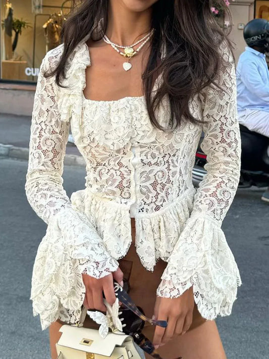 White Lace Ruffle Sleeve Top