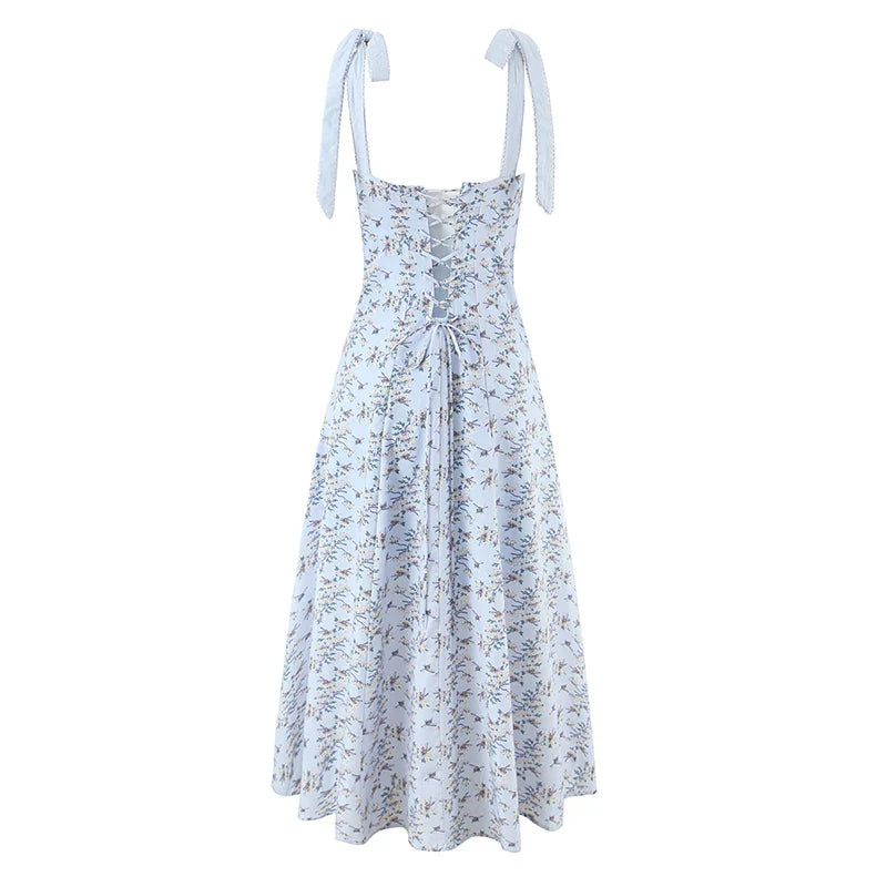 Blue Printed Midi Tie Up Dress