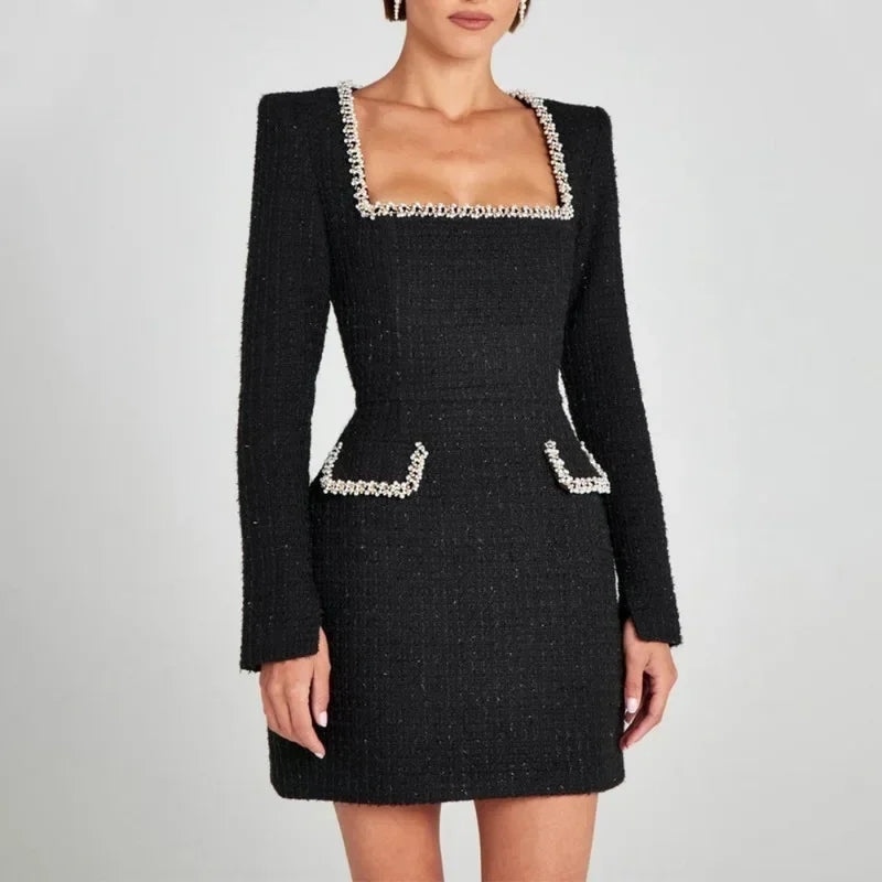 Tweed Solid Beaded Seam Mini Dress