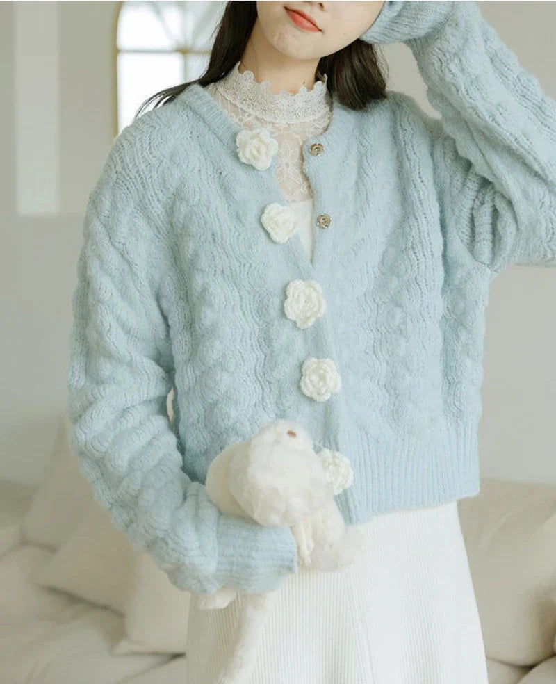 Blue Knitted Rose Buttoned Cardigan