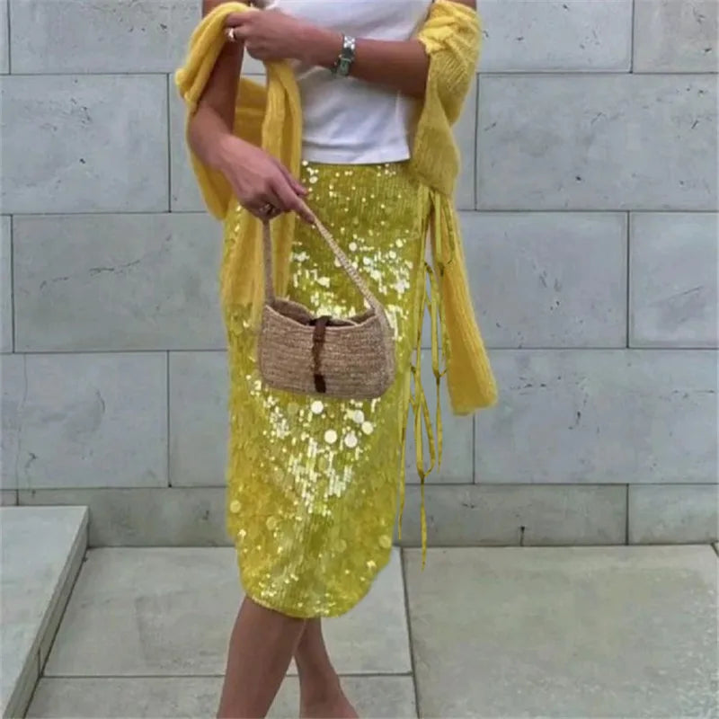 Sequin Side Split Tie Up Midi Skirt