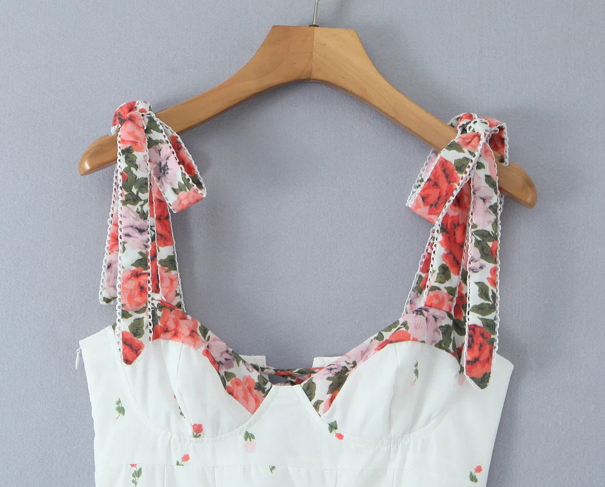 White Printed Patchwork Tie-Up Maxi Dress - Vintage Fit & Flare