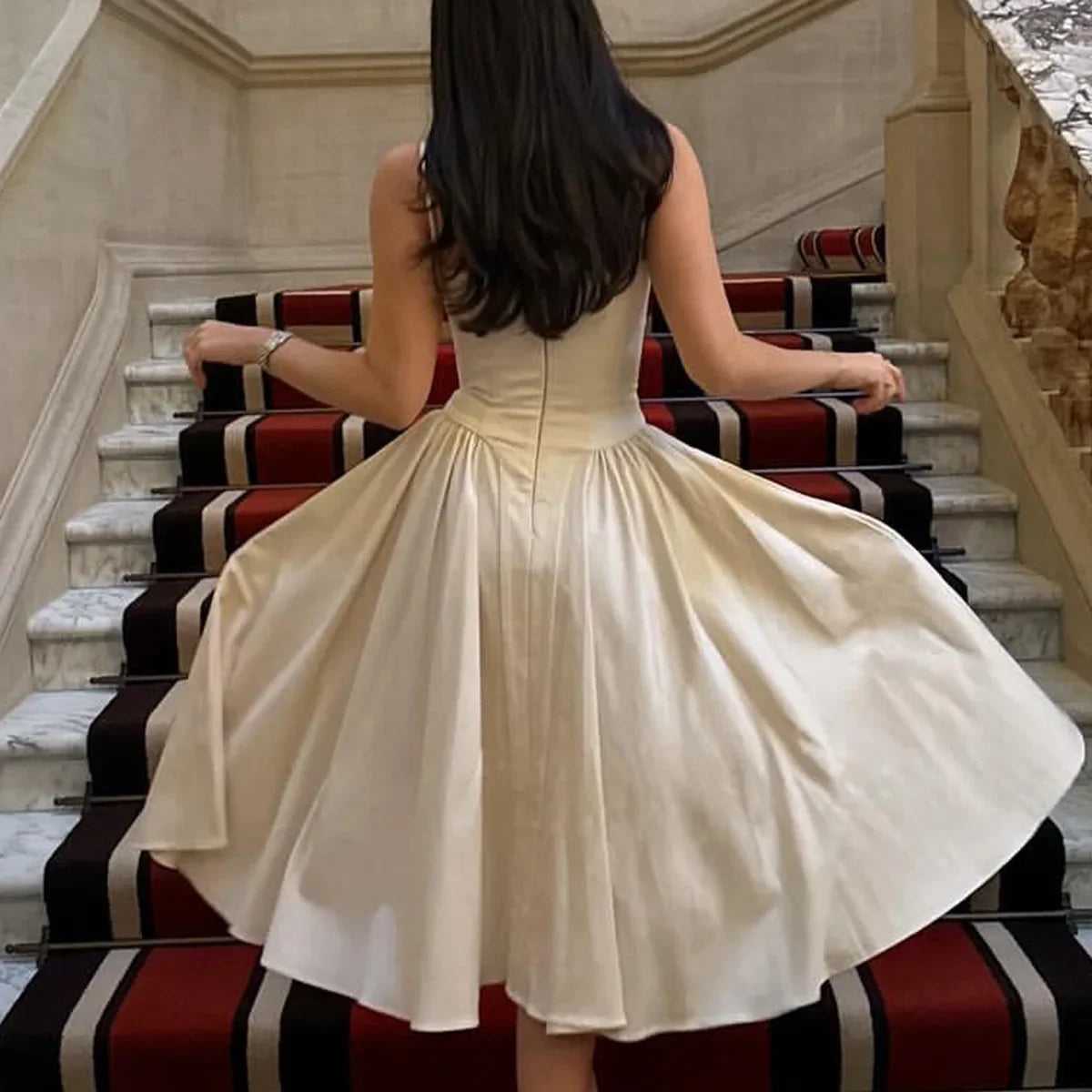 Solid Spaghetti Strap Bustier Pleated Midi Dress