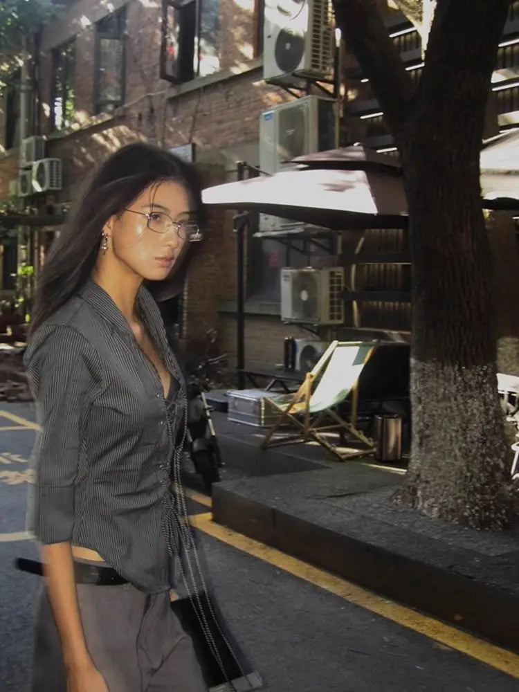 Striped Half Sleeve Lace Up Shirt