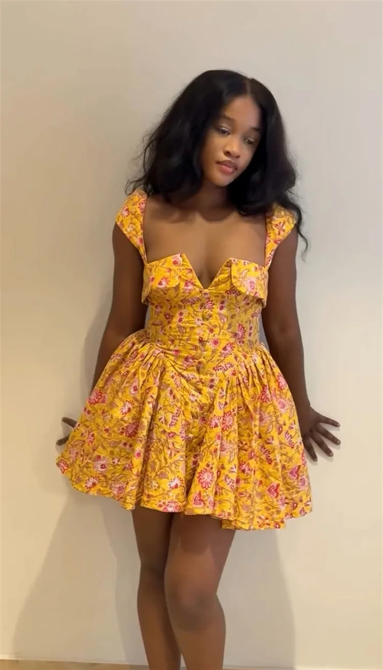Floral Printed A-Line Low Cut Mini Dress