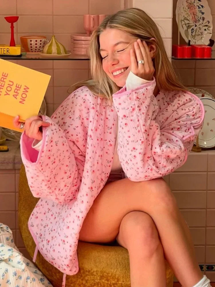 Women's Pink Printed Casual Knit Cardigan - Autumn/Winter Warm