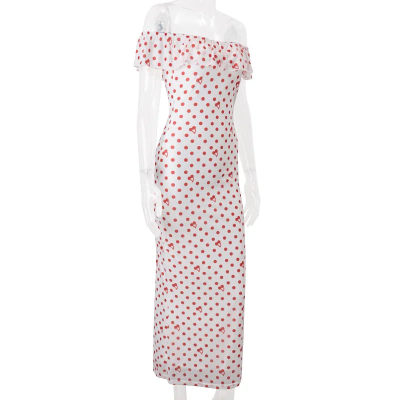 Red Off Shoulder Ruffled Polka Dot Printed Maxi Dress