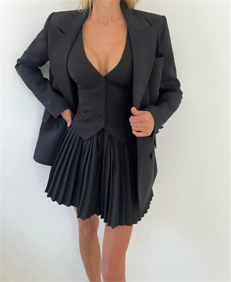 Solid V-neck Vest And Pleated Mini Skirt Set