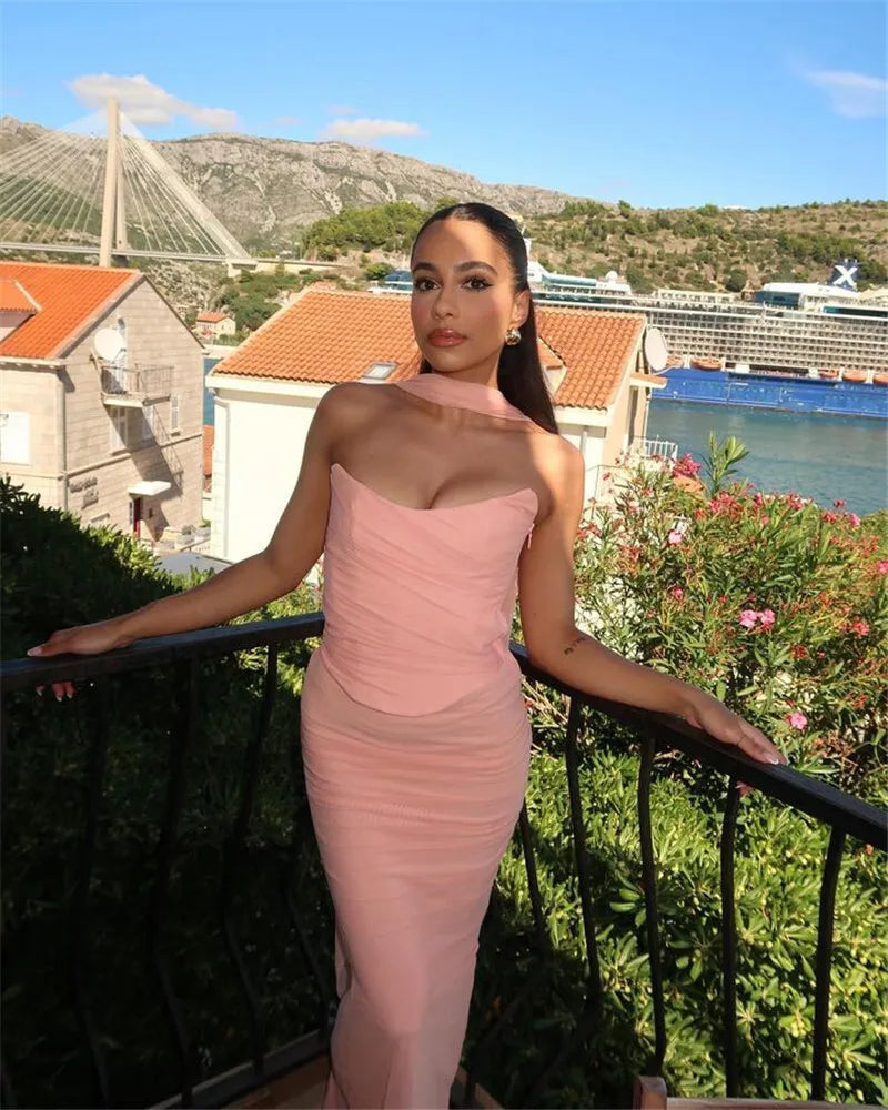 Solid Ruched Corset Top And Body-con Maxi Dress With Scarf Set