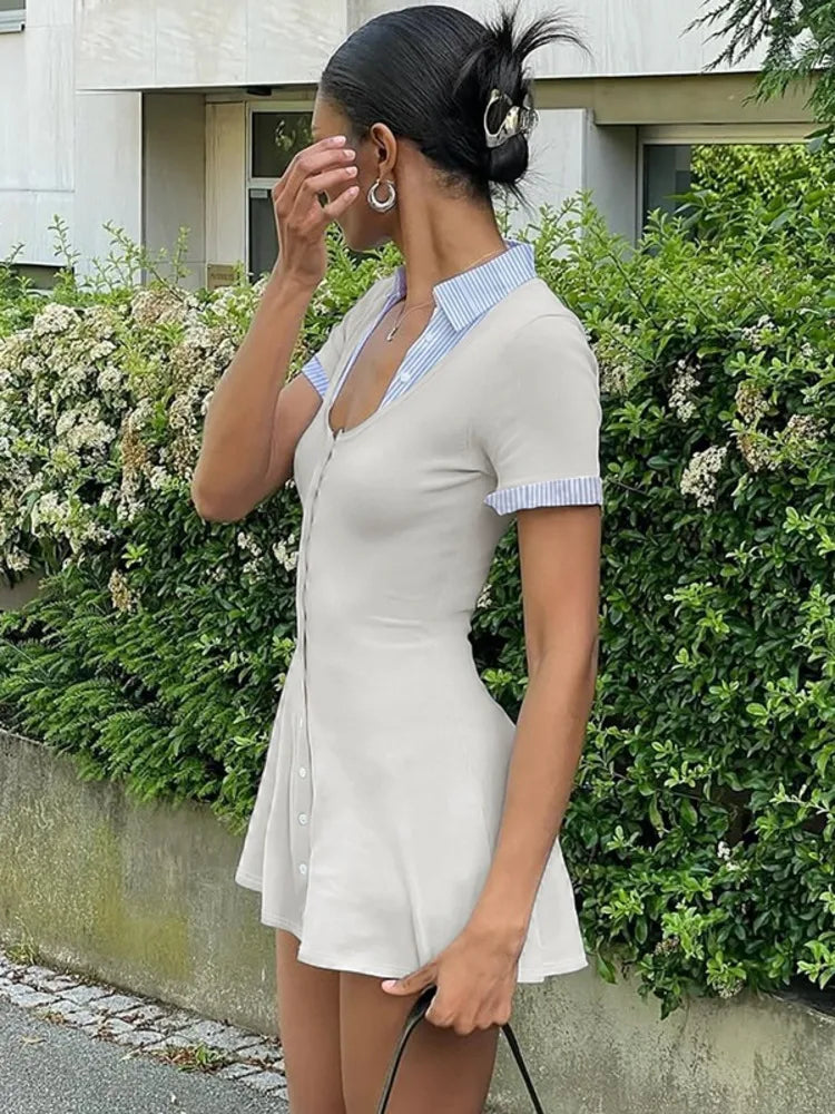 Knit Buttoned Collar Short Sleeve Mini Dress