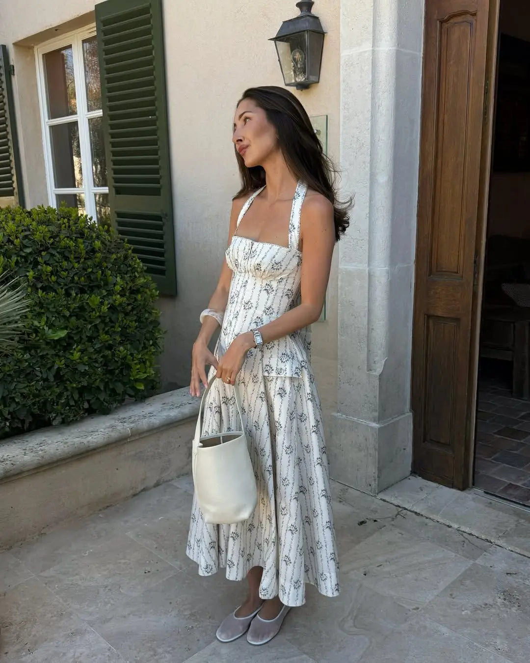 Halter A-line Midi Buttoned Dress