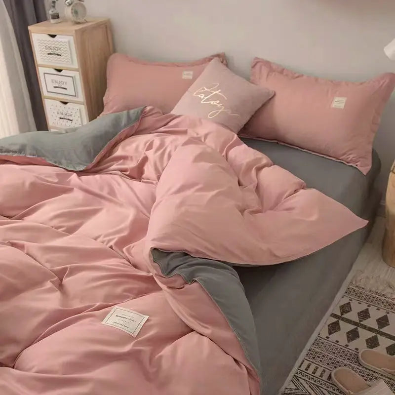 Ins Style Comfortable Bedding Set And Adult Sheets, Solid Color Skin Friendly Down Duvet Cover Set No Filling
