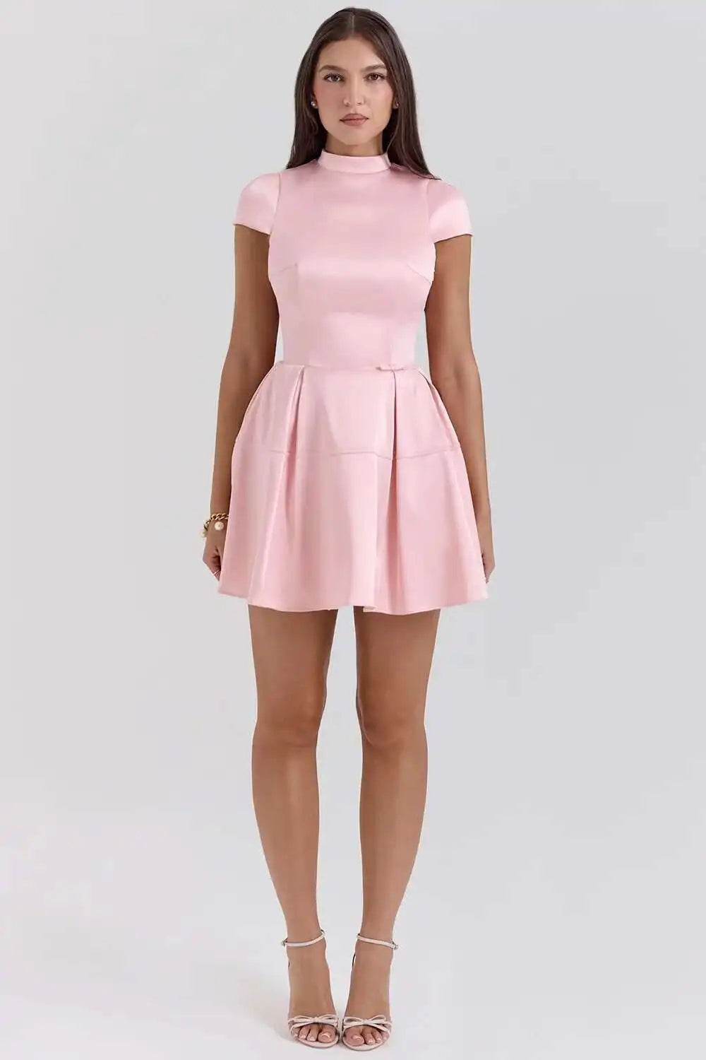 Pink Satin O Neck Cut Back Mini Dress
