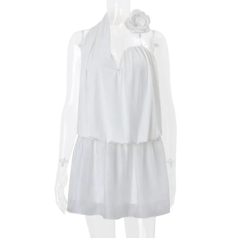 White Puff Drape Around Flower Mini Dress