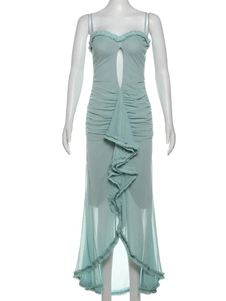 Hollow Out Ruffles Strap Midi Dress