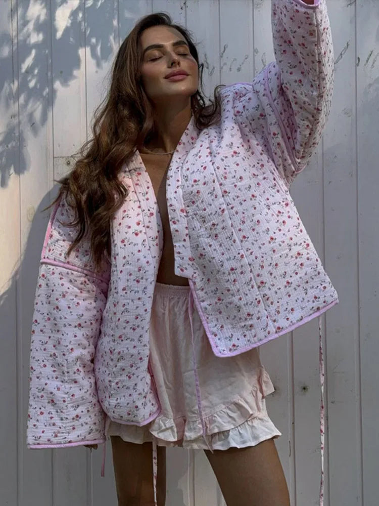 Women's Pink Printed Casual Knit Cardigan - Autumn/Winter Warm