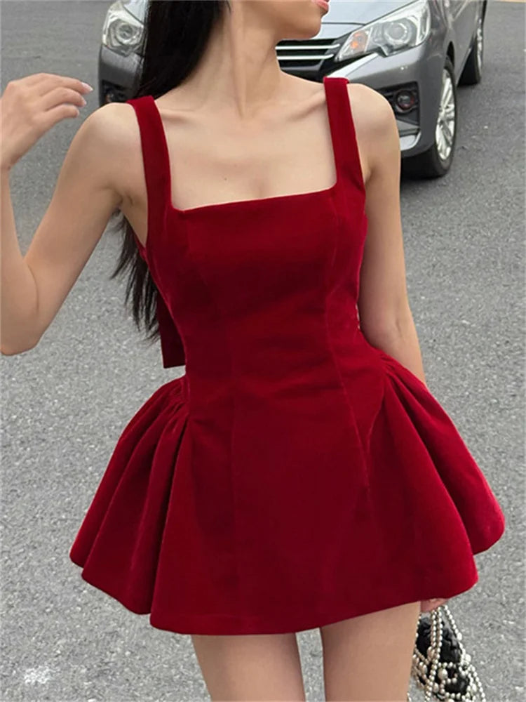 Red Backless V Cut Bow Mink Dress