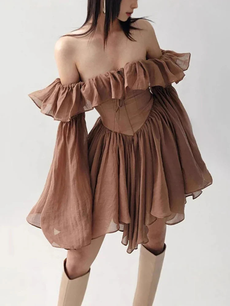 Brown Off Shoulder Long Sleeve Frill Mini Dress