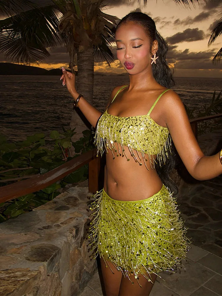 Tassel Sequin Crop Top & Skirt Set â€?Mini Style