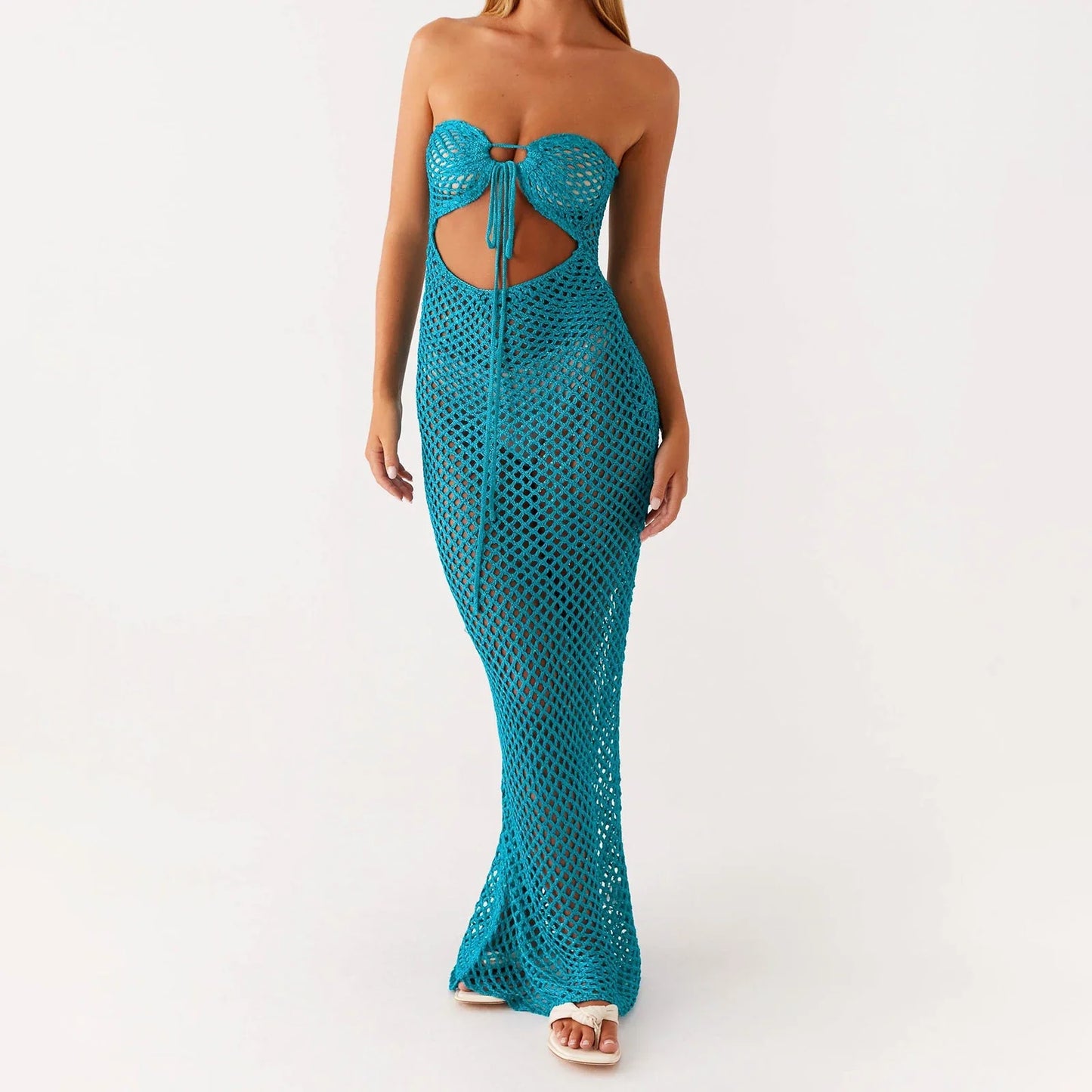 Blue Knit Tie-Up Front Tube Dress - High Street Sheath