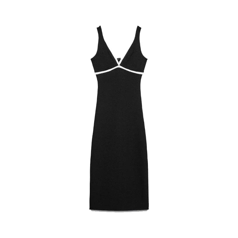Black Contrasting V-neck Knitted Long Dress
