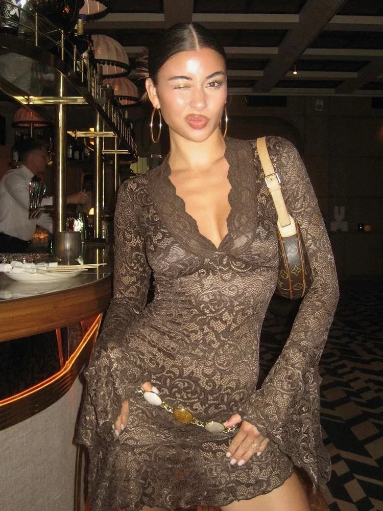 Lace Ruffles Long Sleeve Mini Dress