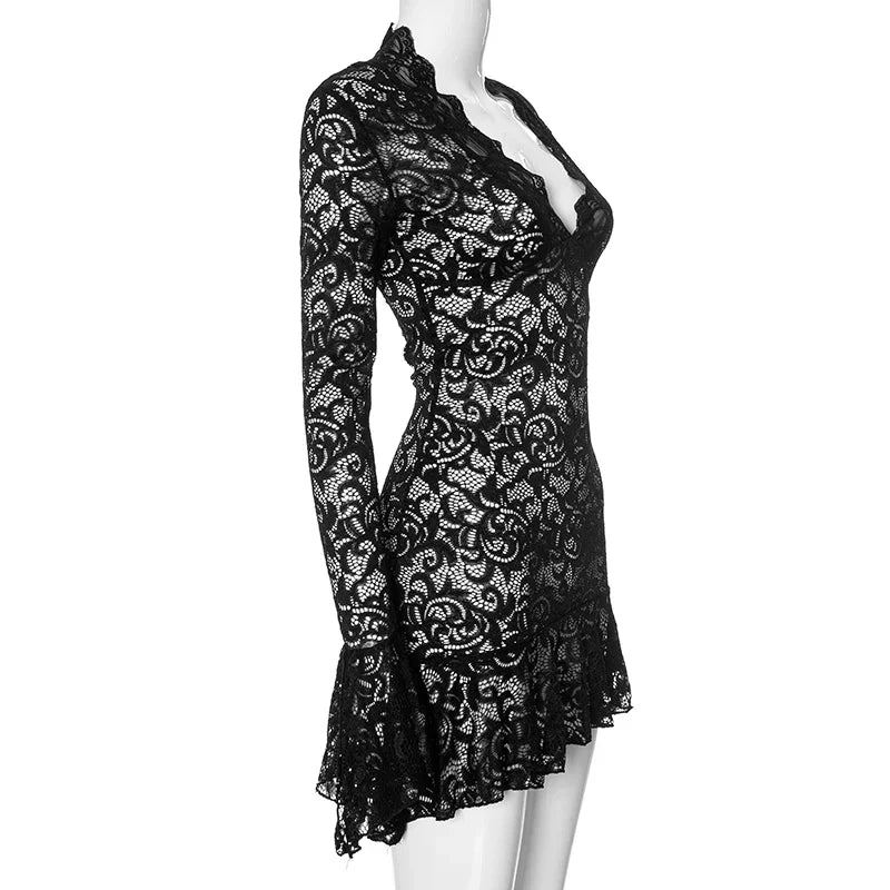 Lace Ruffles Long Sleeve Mini Dress