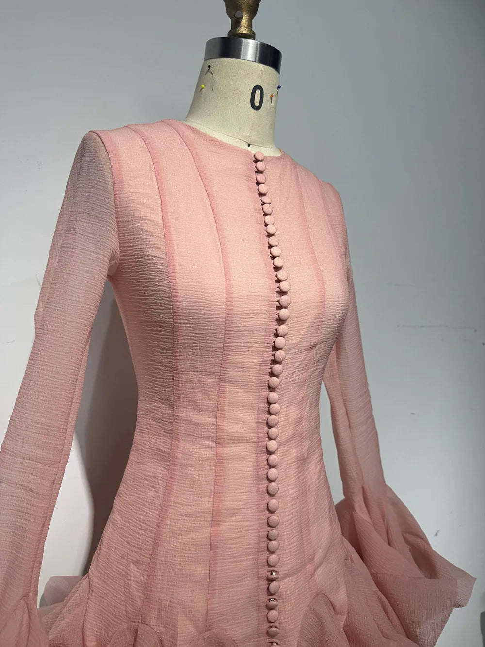 Frill Buttoned Long Sleeve Midi Dress