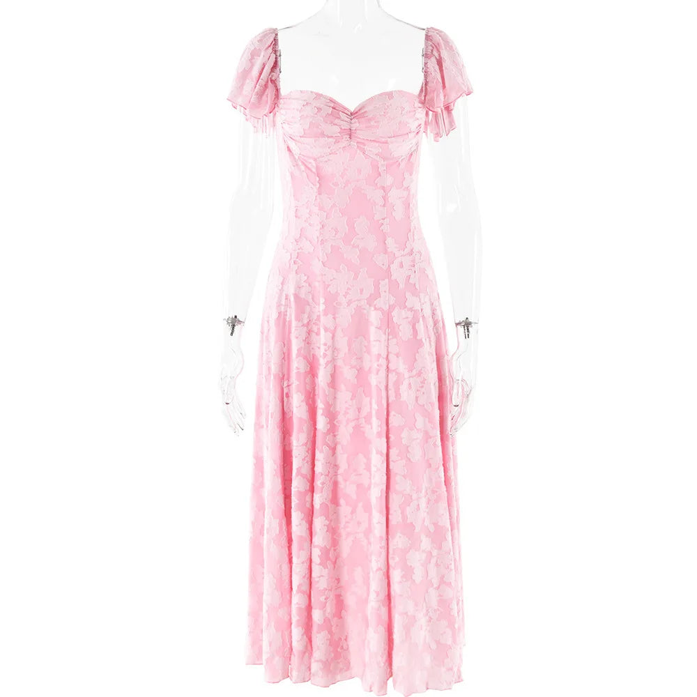 Pink Short Puff Sleeves Jacquard Print Maxi Dress