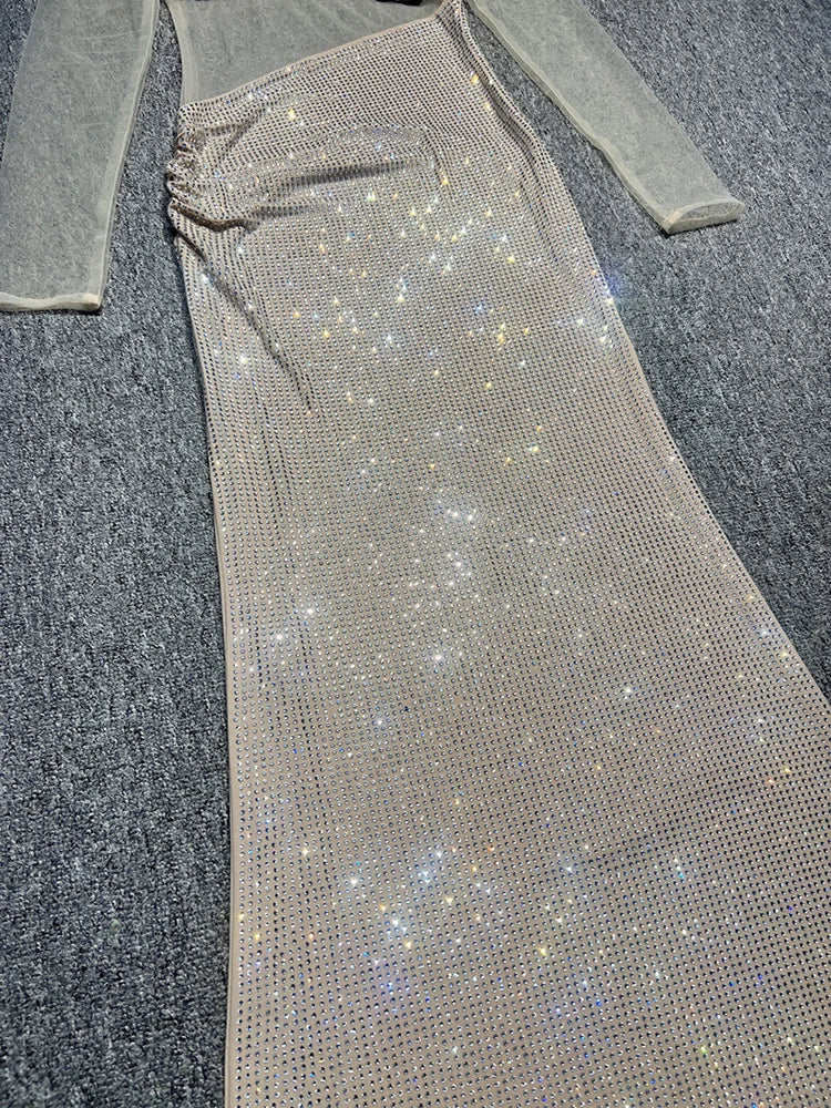 Rhinestone Slash Neck Long Sleeve Patchwork Maxi Dress