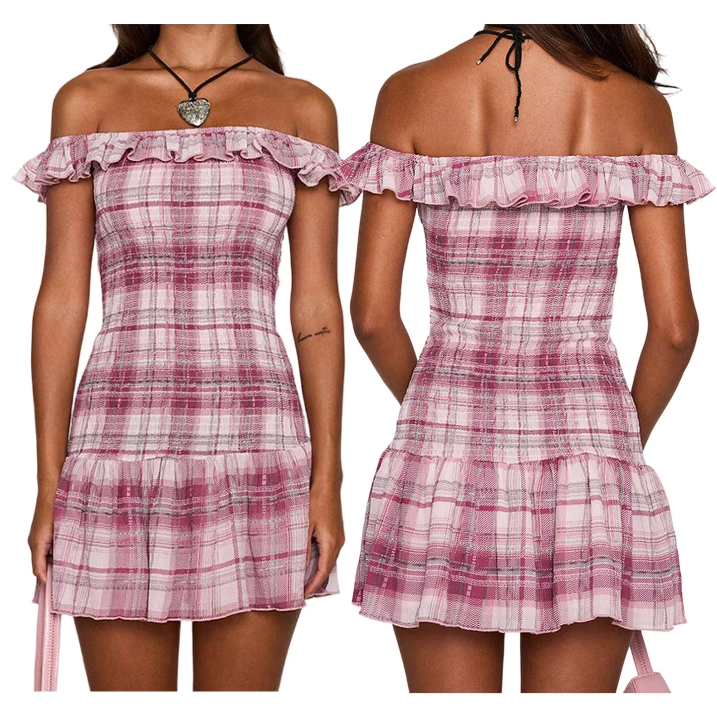 Plaid Print Off-Shoulder Ruffled Mini Dress
