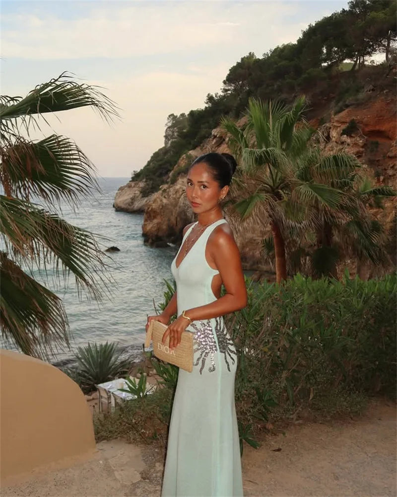 Sequins Embroidered Knit Maxi Dress