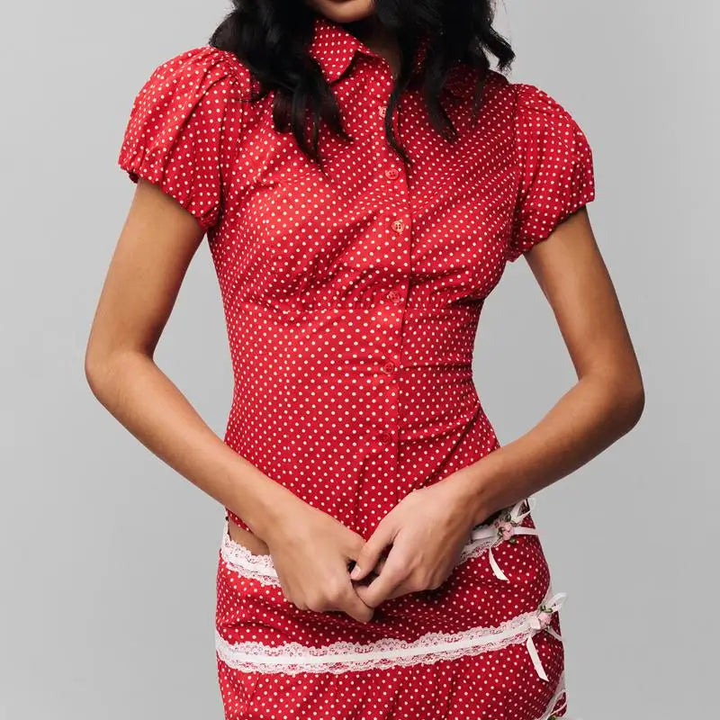 Button Down Lapel Top - Polka Dot Slim Fit